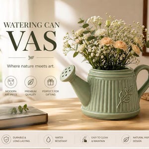 Può includere: Un vaso in ceramica a forma di annaffiatoio color verde salvia con dettagli a coste verticali e un motivo a foglia in rilievo, riempito con un bouquet di nebbiolina bianca e garofani color pesca. Il testo recita WATERING CAN VAS e Where nature meets art.