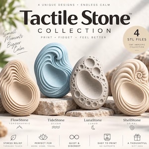 Puede incluir: Cuatro piedras sensoriales texturizadas de la colección Tactile Stone. El conjunto incluye FlowStone, TideStone, LunaStone y ShellStone, con patrones únicos como ondas, cráteres y espirales. La imagen muestra el texto 4 STL files.