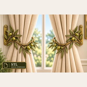 May include: A pair of brass-toned metal curtain holdbacks featuring a sculpted olive branch design with green leaves and olives. The holdbacks are mounted on a wall, securing beige curtains. A label reads STL DIGITAL DOWNLOAD.