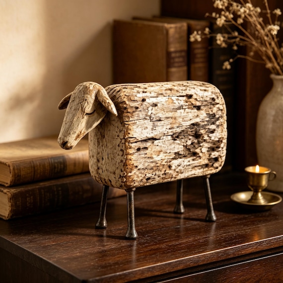 Rustic Sheep Figurine, Farmhouse Animal Sculpture, Country Cottage Shelf Decor, Vintage Country Home Decor Gift