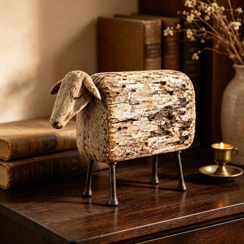 May include: A decorative sheep figurine crafted from a rectangular piece of weathered, light-colored wood with a textured, bark-like surface. The sheep has a carved wooden head with closed eyes and four thin, dark metal legs supporting the body.