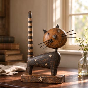 Può includere: Una statuetta decorativa di gatto in legno con un corpo marrone scuro decorato da piccole stelle chiare, una coda alta a righe e una testa rotonda con baffi in filo metallico. Il gatto poggia su una base rettangolare in legno con una stella.