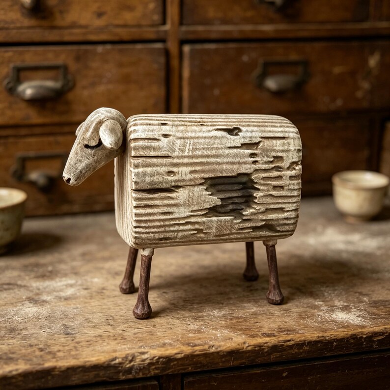 May include: A carved wooden sheep figurine featuring a textured, weathered off-white body with a rectangular block shape, a smooth head with closed eyes, and four thin, dark brown legs. The surface shows deep grooves and a distressed finish.