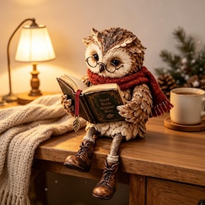 Può includere: Una statuetta di gufo color marrone e crema che indossa occhiali tondi con montatura in metallo e una sciarpa di lana rossa. Il gufo tiene in mano un libro aperto con copertina verde e un segnalibro a forma di foglia dorata e stivali marroni.