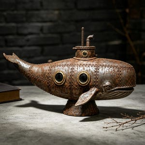 Könnte beinhalten: Eine dekorative Skulptur in Form eines Wal-U-Boots mit einer rostbraunen Metalloberfläche. Das Objekt verfügt über genietete Paneele, zwei kreisförmige, messinggerahmte Bullaugen an der Seite, ein Periskop auf der Oberseite und eine breite Schwanzflosse.