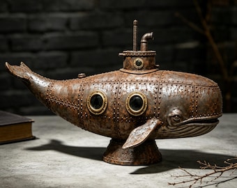 May include: A decorative sculpture shaped like a whale with a rusted metal finish, featuring riveted panels, two circular portholes with brass-colored rims, and a submarine-style conning tower on top with a periscope and a small circular window.