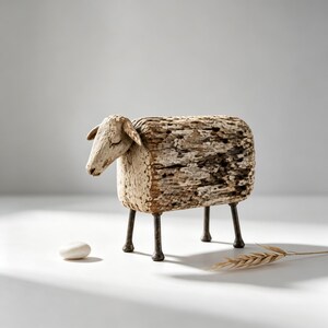 May include: A decorative sheep figurine crafted from a textured, weathered piece of light brown driftwood. The body is rectangular with a carved head and ears, supported by four thin, dark metal rod legs that elevate the structure.