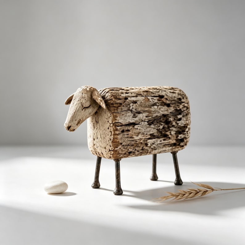 May include: A decorative sheep figurine crafted from a textured, weathered piece of light brown driftwood. The body is rectangular with a carved head and ears, supported by four thin, dark metal rod legs that elevate the structure.