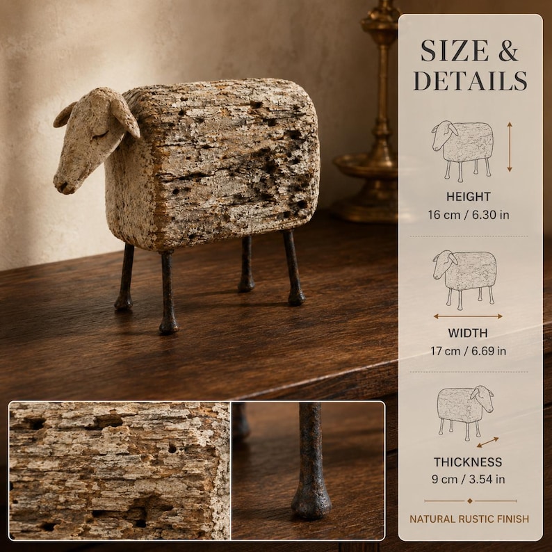 May include: A sheep figurine with a textured, weathered wood body and four dark metal legs. The figure stands 6.30 inches high, 6.69 inches wide, and 3.54 inches thick. The surface features a natural, porous finish with visible grain and small indentations.