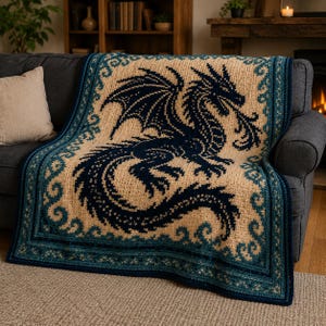 May include: A rectangular knit blanket featuring a large dark blue dragon silhouette centered on a beige background. The dragon is depicted with wings spread and smoke emitting from its mouth. A decorative border in teal and dark blue surrounds the design.
