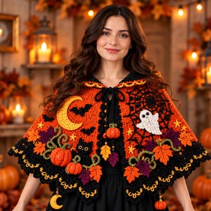 Könnte beinhalten: Ein leuchtend orangefarbener und schwarzer Häkelumhang mit aufwendigen Halloween-Applikationen, darunter ein gelber Halbmond, schwarze Fledermäuse, ein weißes Gespenst, ein schwarzes Spinnennetz sowie orangefarbene Kürbisse mit herbstlichen Blättern.