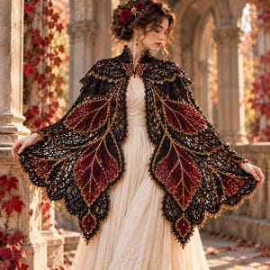 May include: A black and deep red crochet cape featuring a leaf-inspired pattern with intricate openwork detailing. The garment is fastened at the neck with a decorative butterfly-shaped clasp and is worn over a cream-colored dress.