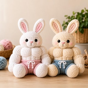 May include: Two crocheted rabbit plushies with muscular torsos and arms. The left rabbit is white with pink shorts, and the right rabbit is cream with blue shorts. Both have black eyes, pink noses, and pink inner ears with blush on their cheeks.