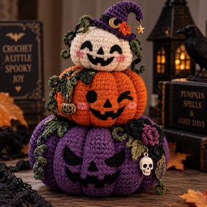 May include: A stacked crochet pumpkin trio featuring a cream top pumpkin with a purple witch hat, an orange middle pumpkin with a winking face, and a purple bottom pumpkin with a jagged face, decorated with small charms, leaves, and flowers.