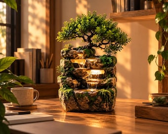 May include: A tiered rock-style tabletop water fountain featuring a small green bonsai tree on top. The fountain has multiple levels where water flows down into illuminated basins, accented with artificial moss and warm internal lighting.