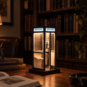 Può includere: Una replica in miniatura illuminata di una classica cabina telefonica britannica con telaio nero, pannelli in vetro trasparente e la parola phone stampata in blu sull'insegna superiore. L'interno contiene un piccolo ricevitore e una mensola.
