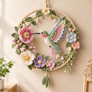 Op de afbeelding: Een ronde houten borduurring met een gehaakte kolibrie in vlucht, omringd door een krans van gehaakte bloemen in tinten roze, blauw, paars en wit, geaccentueerd met groene bladeren en kleine knoppen, hangend aan een koord.