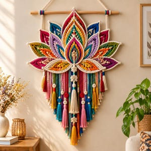 May include: A large, intricate macrame wall hanging shaped like a lotus flower. It features vibrant, multi-colored cord layers in shades of red, orange, yellow, green, blue, and purple, accented with wooden beads, floral knots, and hanging tassels.
