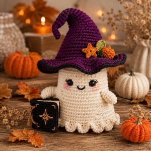 May include: A cream-colored crochet ghost figure wearing a tall, pointed purple witch hat adorned with a small orange star and pumpkin. The ghost has black eyes, a smiling mouth, pink cheeks, and holds a small black book with a gold star design.