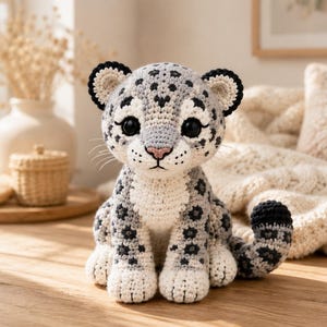Wzór na szydełkową panterkę śnieżną amigurumi, pluszowy kot dziki (plik PDF) (natychmiastowe pobranie)