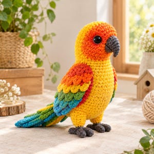 May include: A crochet parrot plush toy featuring a vibrant color palette of yellow, orange, red, green, and blue yarn. The bird has a dark gray beak, large black plastic eyes, and textured wing feathers, standing on two small dark gray feet.