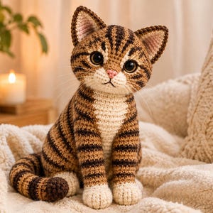 Könnte beinhalten: Eine gehäkelte getigerte Katzenfigur mit braun-schwarzem Streifenmuster, cremefarbenem Brustbereich und Pfoten, großen dunklen Augen, einer kleinen rosa Nase und spitzen Ohren. Die Katze sitzt aufrecht mit dem Schwanz seitlich um den Körper.