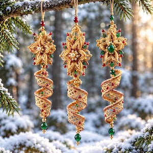 May include: Three hanging ornaments featuring intricate tan macrame flower tops with pearl centers, accented by red and green beads. Each ornament has a spiraling, open-weave macrame tail adorned with small red and green beads, finished with a green bead.