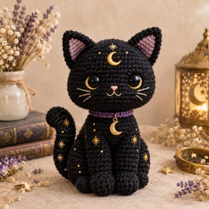 May include: A black crocheted cat plush toy featuring large dark eyes, a pink stitched nose, and a purple collar with a gold crescent moon charm. The cat is decorated with embroidered gold stars and a crescent moon on its forehead.