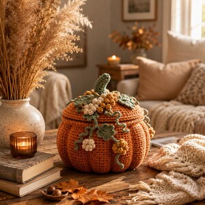 May include: A round, orange crocheted pumpkin-shaped container with a lid. The top is decorated with crocheted green leaves, curly vines, and small clusters of white and yellow berries. The texture is consistent with yarn-based fiber art.