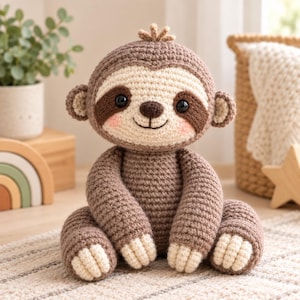 May include: A crocheted sloth soft toy with a light brown body, cream-coloured face, and dark brown eye patches. It features black plastic safety eyes, a stitched brown nose and mouth, pink blush on the cheeks, and cream-coloured claws on its feet.