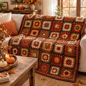 May include: A handmade crochet blanket featuring a repeating granny square pattern in a warm autumn color palette of burnt orange, deep red, mustard yellow, forest green, cream, and dark brown, draped over a neutral-toned sofa cushion.