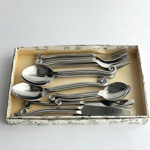 Jean Dubost Franska Bestick Swirl Set med 12, Silver Spiralbestick, Vintage Kreativt Servisset, Silverbestickdekor, Bröllopspresent