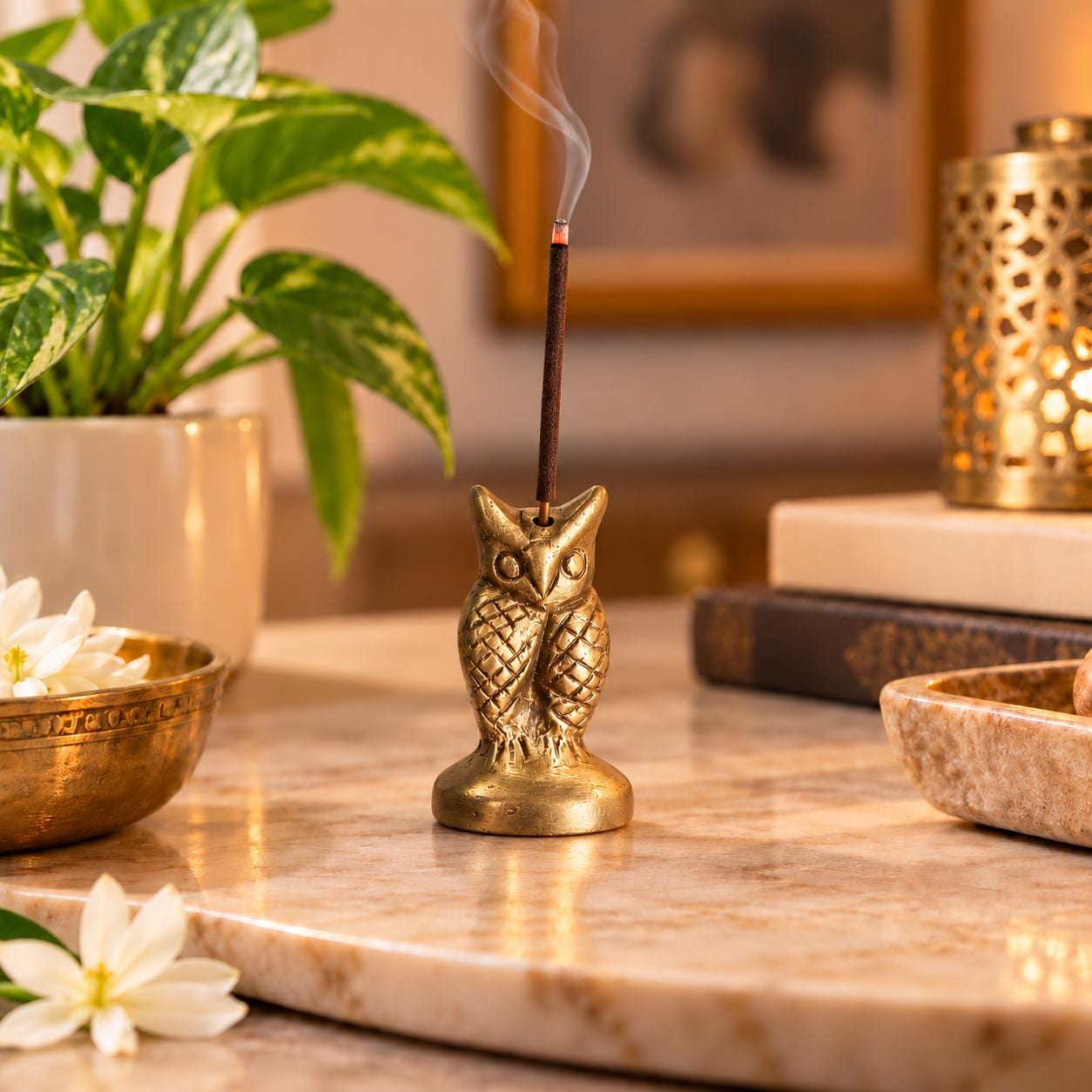 Brass Owl Incense Stick Holder, Miniature Bird Figurine, 1.5 Inch Meditation & Altar Decor