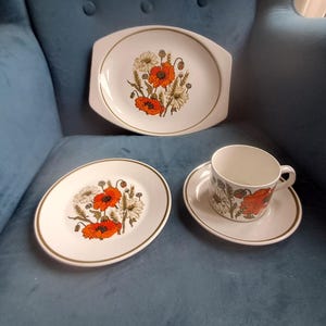 May include: A ceramic dinnerware set featuring an oval serving platter, a round side plate, and a teacup with a matching saucer. Each piece is off-white with a decorative botanical print of orange poppies and wheat, finished with a thin olive green rim.