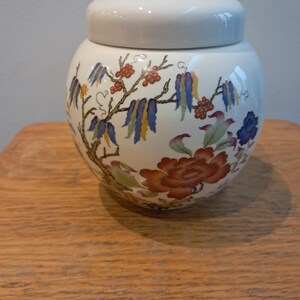 May include: A round white ceramic jar with a matching lid, featuring a hand-painted botanical design. The pattern includes large orange-red flowers, blue and yellow hanging floral clusters, and brown branches with small red berries on a white base.