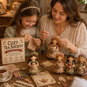 Op de afbeelding: Een Cozy Tea Society patchwork doe-het-zelfpakket met een kartonnen doos, een instructiegids, stoffen vierkantjes, kanten randjes, kleine knoopjes, vulling en vier afgewerkte stoffen poppen met miniatuur thee-items zoals taartjes.