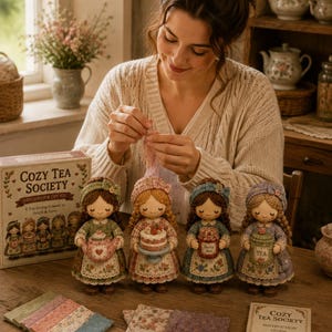 May include: A Cozy Tea Society patchwork DIY kit box featuring four fabric dolls, each wearing a floral dress and bonnet, holding a miniature tea-themed item including a teapot, cake, berry jam jar, and tea canister, with fabric swatches.