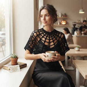Könnte beinhalten: Ein schwarzes Häkel-Capelet mit Spinnennetz-Muster über einem schwarzen Satin-Kleid. Das Capelet hat ein kreisförmiges Netzmuster, kurze Ärmel und einen Rundhalsausschnitt. Ein weißes Etikett auf einem Buch trägt die Aufschrift: ATELIER NOCTURNE - HANDMADE SPIDERWEB CAPELET.