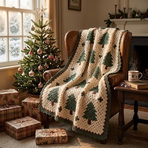 May include: A cream-colored crochet blanket featuring a repeating pattern of dark green pine trees with brown trunks. The blanket is draped over a brown leather armchair, showcasing a textured, handmade stitch design with a scalloped green border.