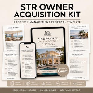 Könnte beinhalten: STR Eigentümer-Akquise-Kit mit einer Vorlage für Immobilienverwaltungsvorschläge. Enthält digitale Dokumente für Eigentümer-Discovery, Preisstrategie, Einwandbehandlung und Follow-up-E-Mails. Das Design ist in Canva bearbeitbar.