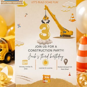 Może przedstawiać: Zaproszenie urodzinowe z motywem budowy, przedstawiające żółty dźwig podnoszący dużą cyfrę 3. Tekst zawiera LET'S BUILD SOME FUN!, JOIN US FOR A CONSTRUCTION PARTY!, Jack's third birthday, Saturday, October 10, 2026, 2:00 PM TO 5:00 PM oraz Builder's Backyard 123 Main Street.