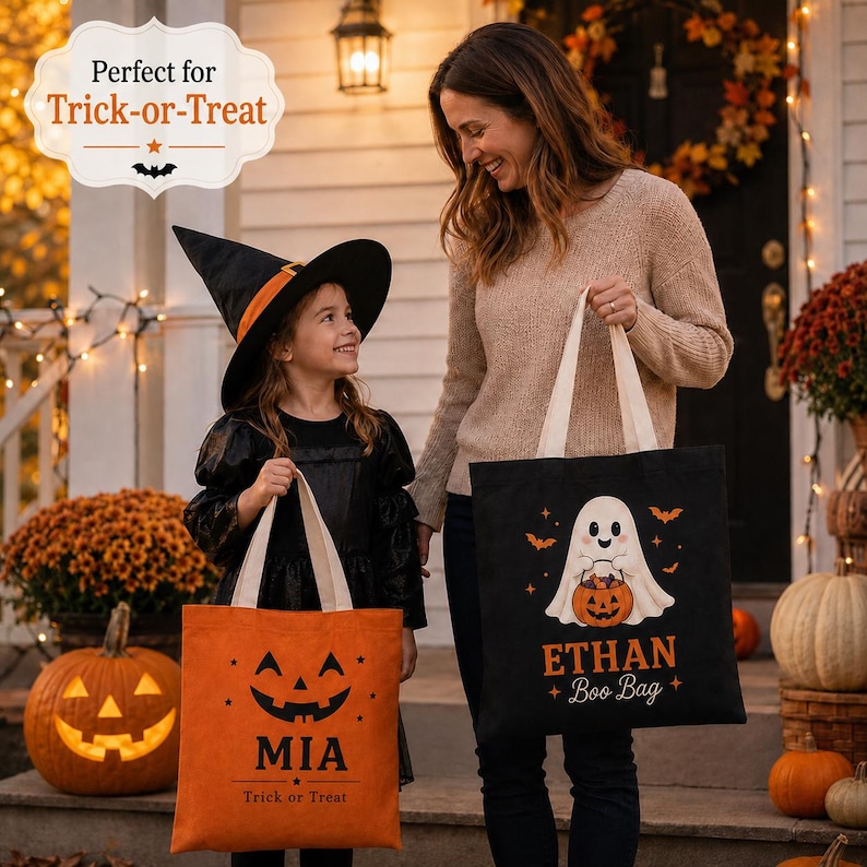 Personalized Halloween Tote Bag, Custom Name Kids Trick or Treat Bag ...