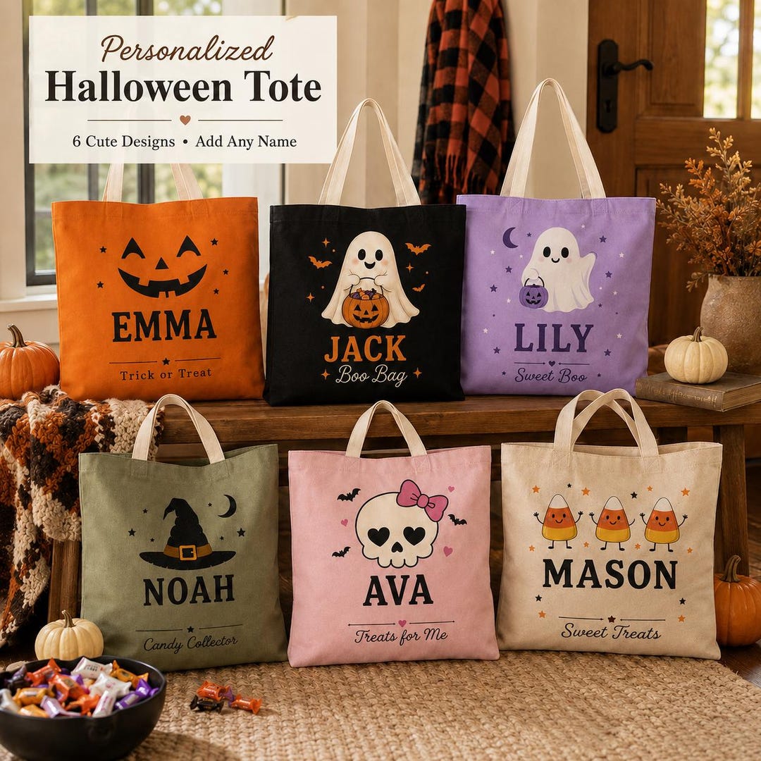Personalized Halloween Tote Bag, Custom Name Kids Trick or Treat Bag ...