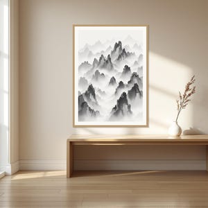 Wandbild „Mystische Berggipfel“, minimalistischer Druck, Esszimmerkunst, Digitaldruck, Tuschemalerei, chinesischer Tuschedruck Bild 1