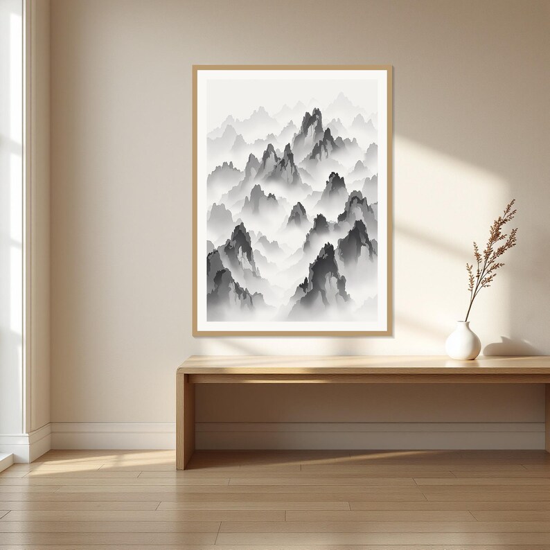 Wandbild „Mystische Berggipfel“, minimalistischer Druck, Esszimmerkunst, Digitaldruck, Tuschemalerei, chinesischer Tuschedruck Bild 1