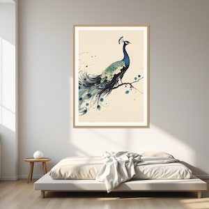 Lámina artística de pavo real, arte de interior estilo chinoiserie, decoración para meditación, lámina de pintura a la tinta, lámina de pintura china a la tinta imagen 1