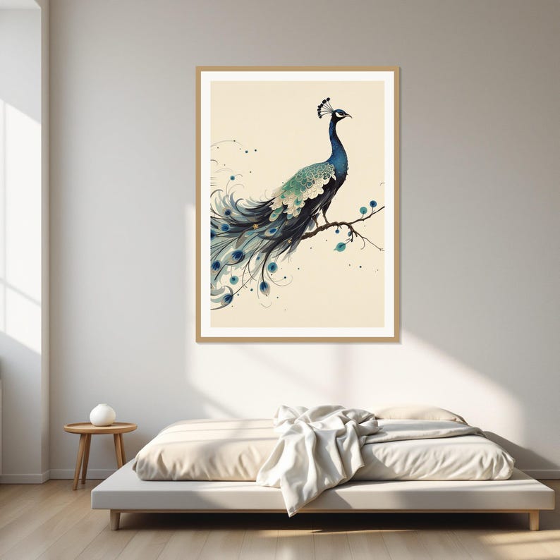Lámina artística de pavo real, arte de interior estilo chinoiserie, decoración para meditación, lámina de pintura a la tinta, lámina de pintura china a la tinta imagen 1