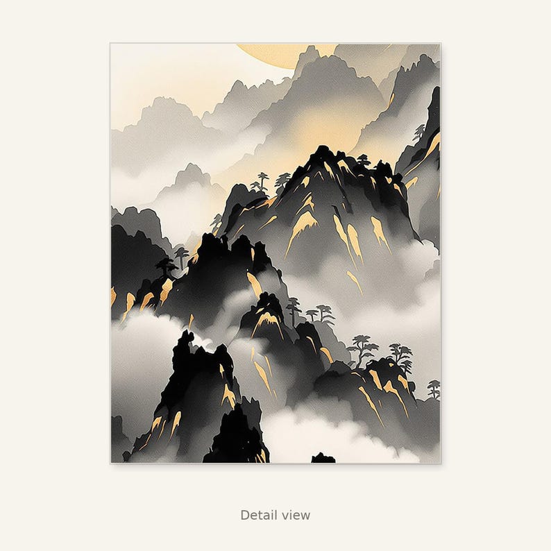 Cloud Sea Wall Art, Oriental Print, Meditation Decor, Ink Painting Print, Chinese Ink Painting Print image 2