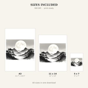 Moon Landscape Asian Wall Art Set of 3, Zen Decor, Gallery Wall Set, Printable Download, Ink Wash Painting, Chinese Ink Painting Print image 4
