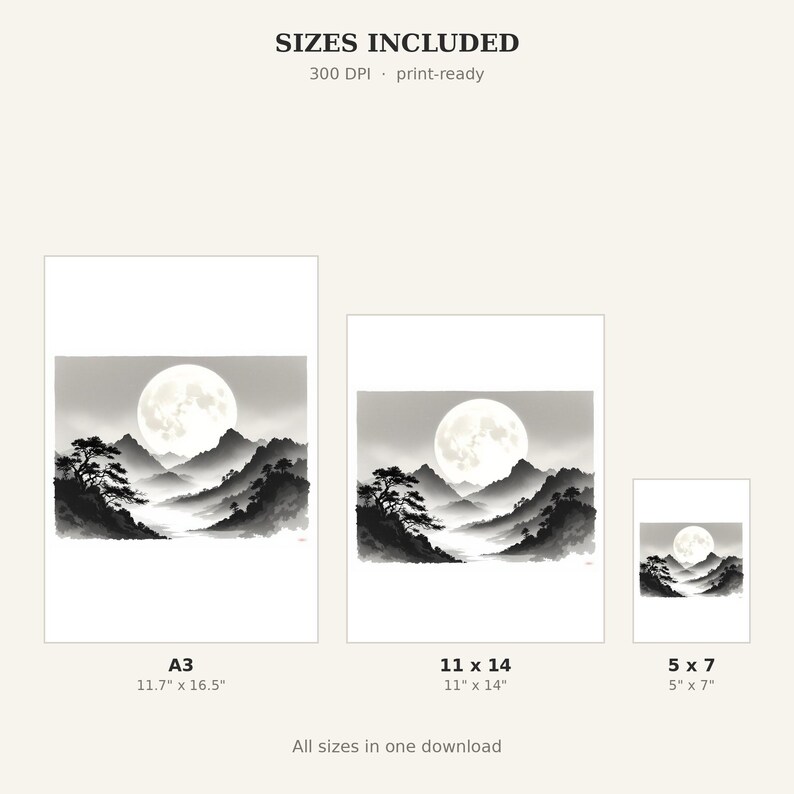 Moon Landscape Asian Wall Art Set of 3, Zen Decor, Gallery Wall Set, Printable Download, Ink Wash Painting, Chinese Ink Painting Print image 4